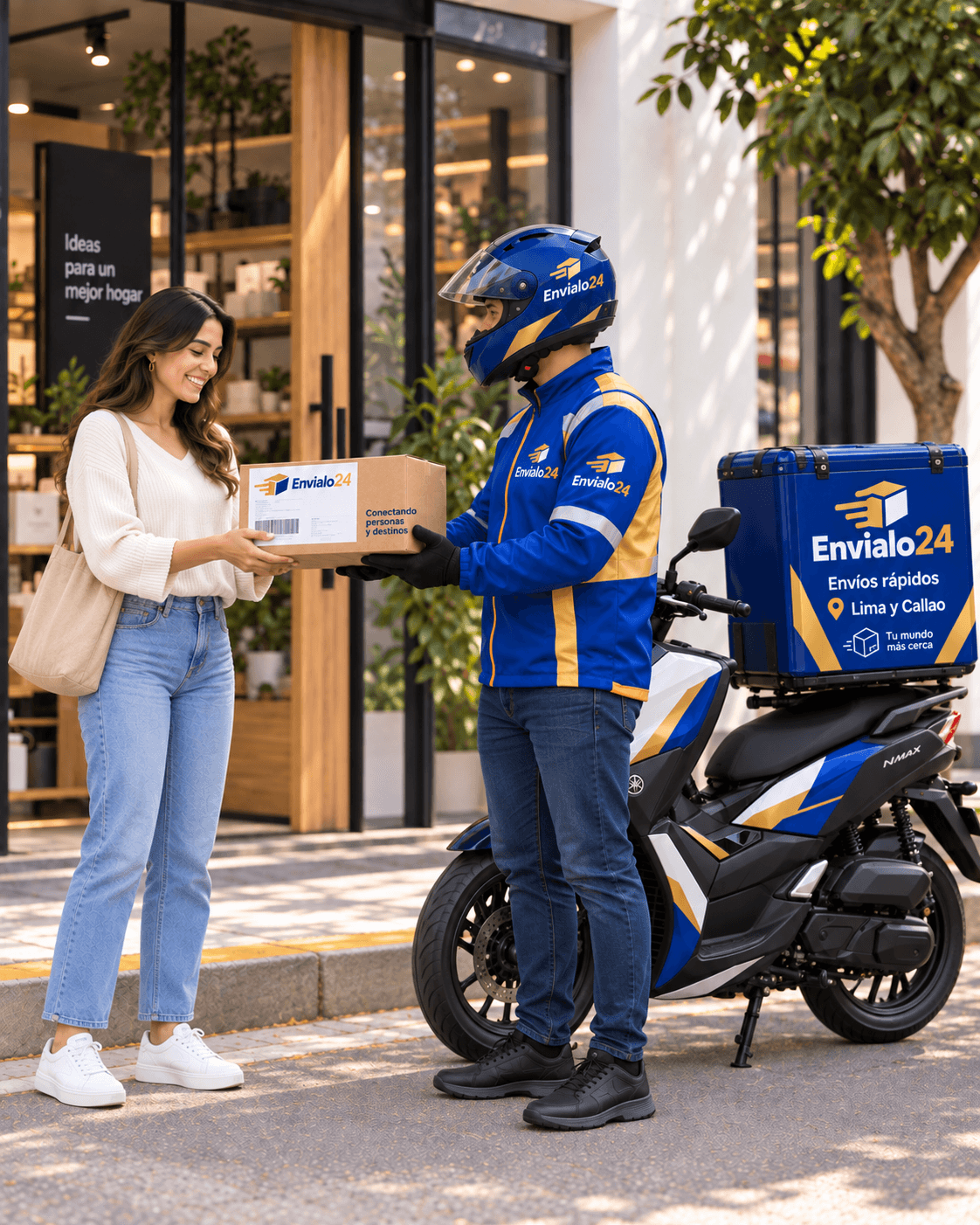 Un motorizado de Envíalo24 entrega un paquete en mano a una clienta frente a su tienda