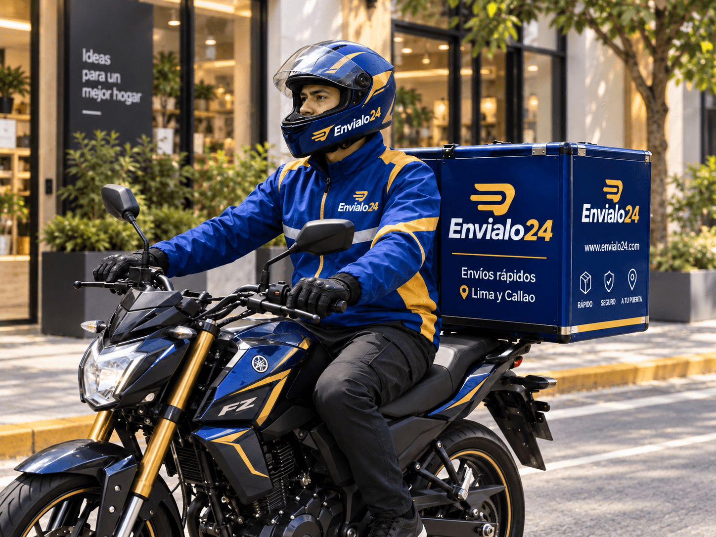 Un motorizado de Envíalo24 listo para salir a repartir frente a una tienda